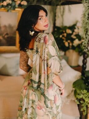 Fleur De Soleil Scarf with Magnolia Floral Print & Butterfly by Market of Stars